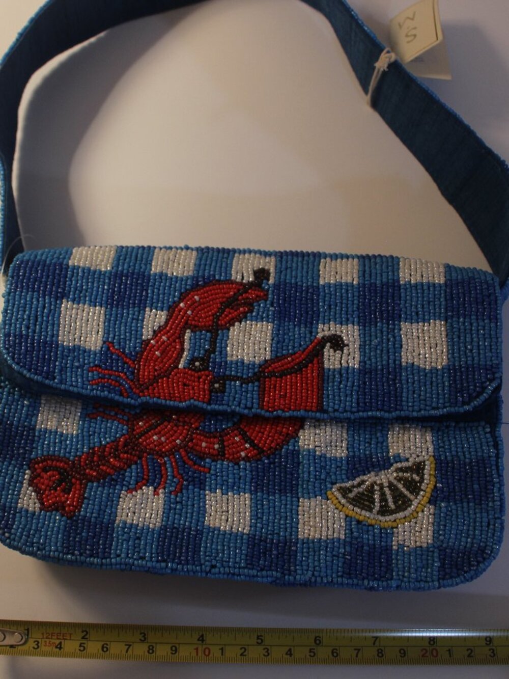 SOL and MER Blue Gingham Lobster Beaded Shoulder Bag With Tags